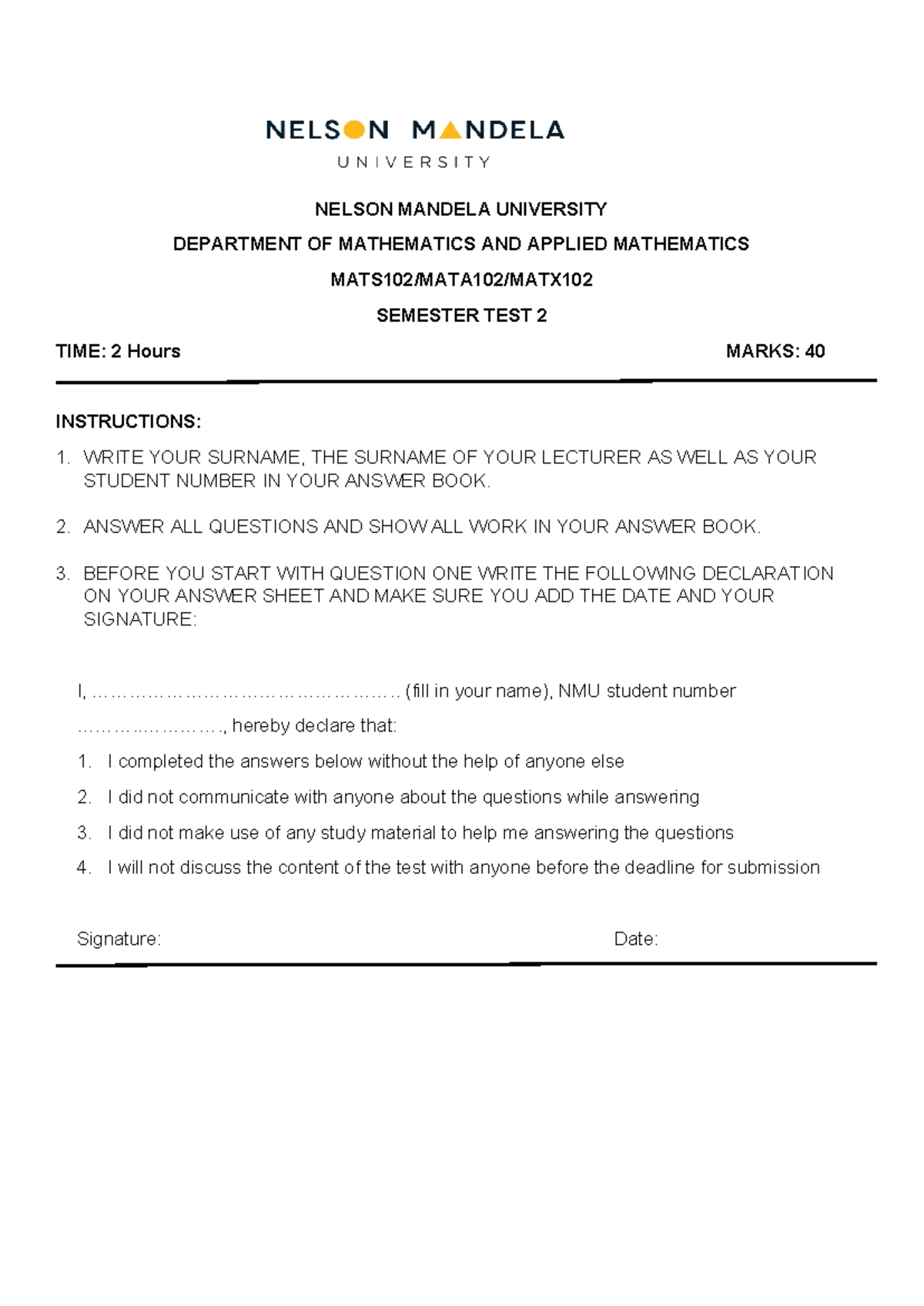 MATS102 TEST 2 - test - NELSON MANDELA UNIVERSITY DEPARTMENT OF ...