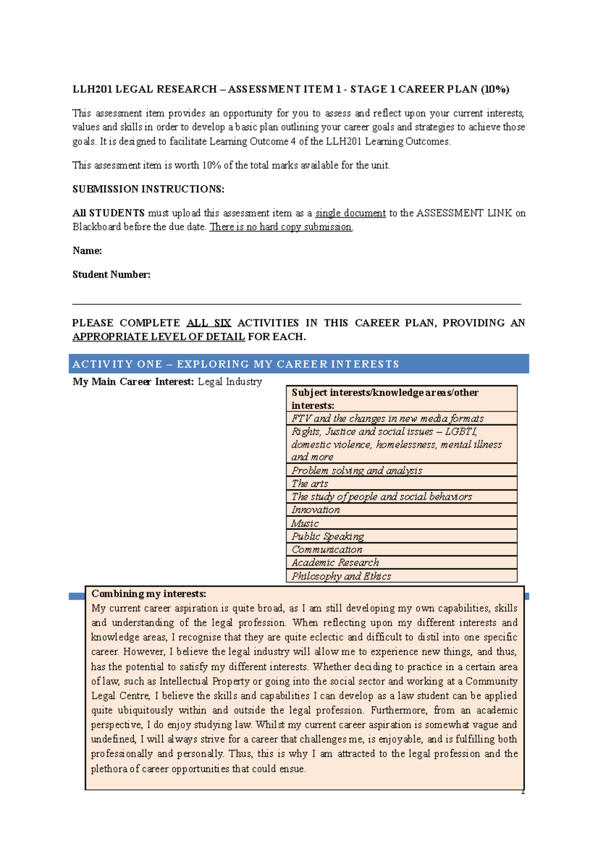 Student Example - Career Plan - LLH201 LEGAL RESEARCH – ASSESSMENT ITEM ...
