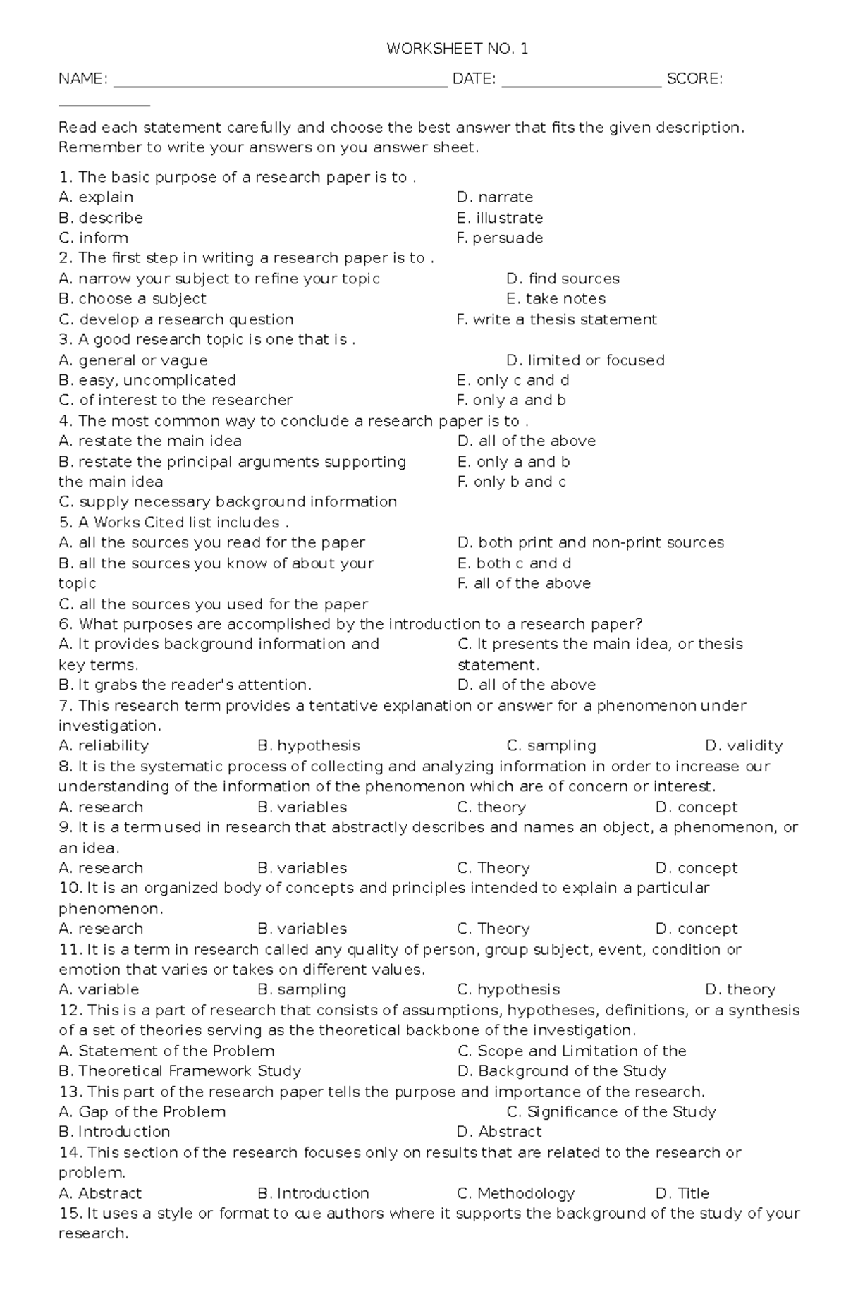 Worksheet NO 10 - WORKSHEET NO. 1 NAME ...