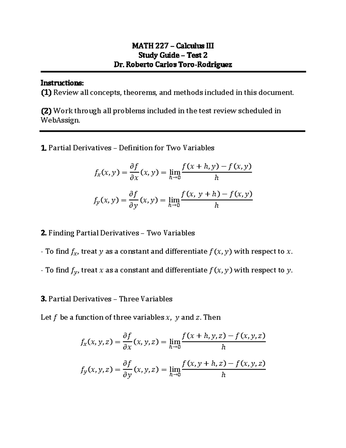 MATH 227 Test 2 - Comprehensive Study Guide on Calculus III Topics ...