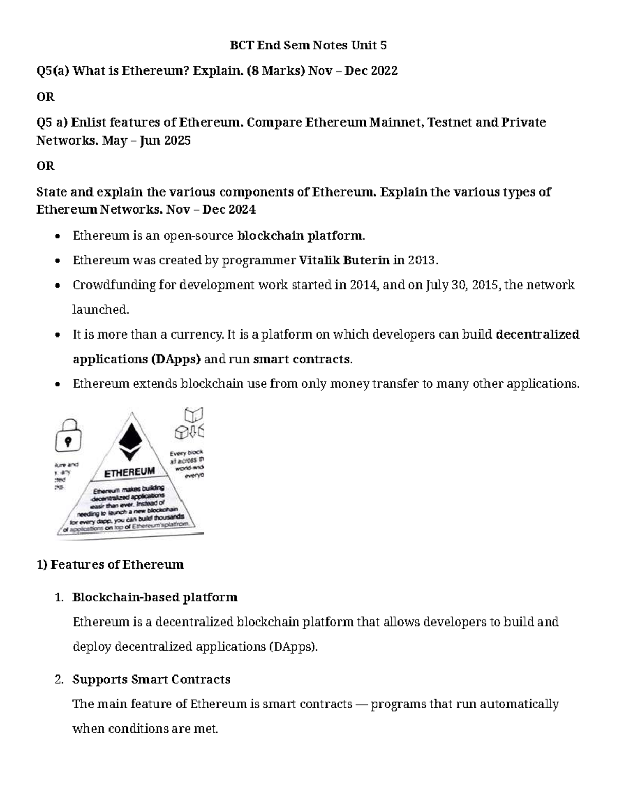 BCT End Sem Notes Unit 5: Ethereum Overview & Smart Contracts Insights ...