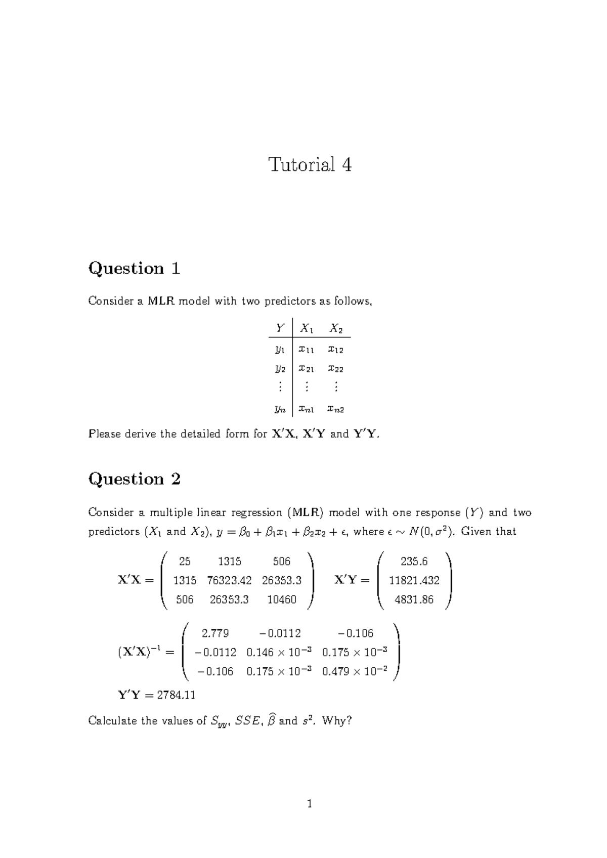 T4 - MLR Model Analysis & Calculations for Tutorial 4 - Studocu