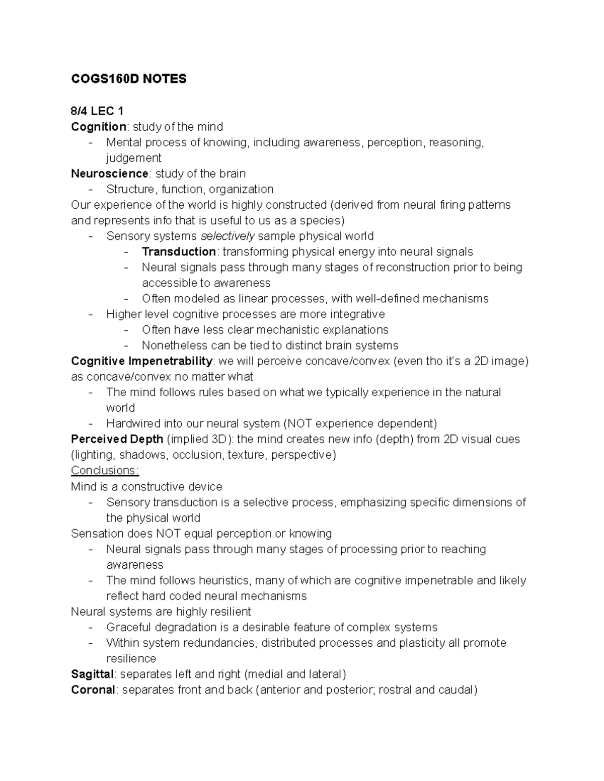 COGS160D: Cognitive Neuroscience Lecture Notes on Perception & Memory ...