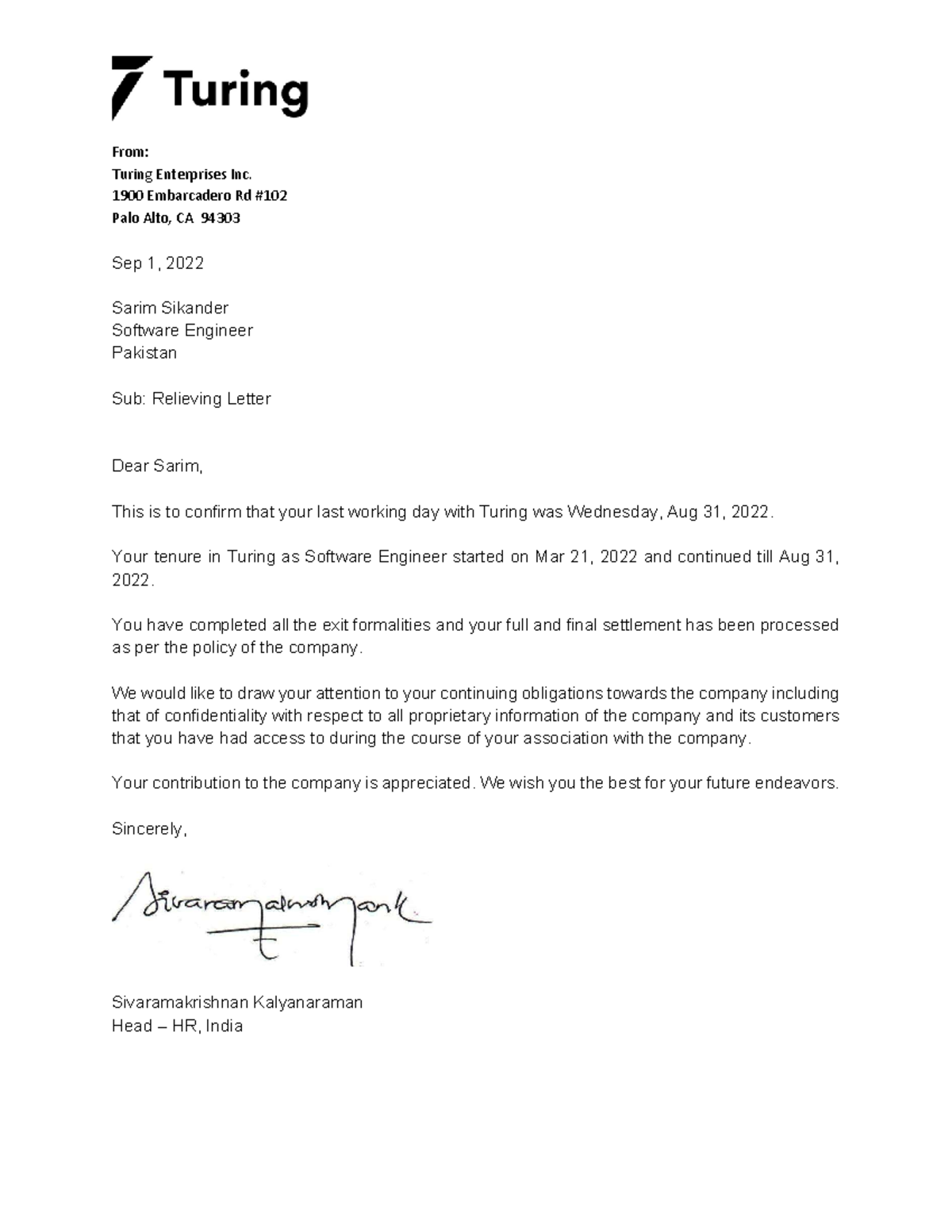 Relieving Letter for Sarim Sikander - Turing Enterprises Inc. - Studocu