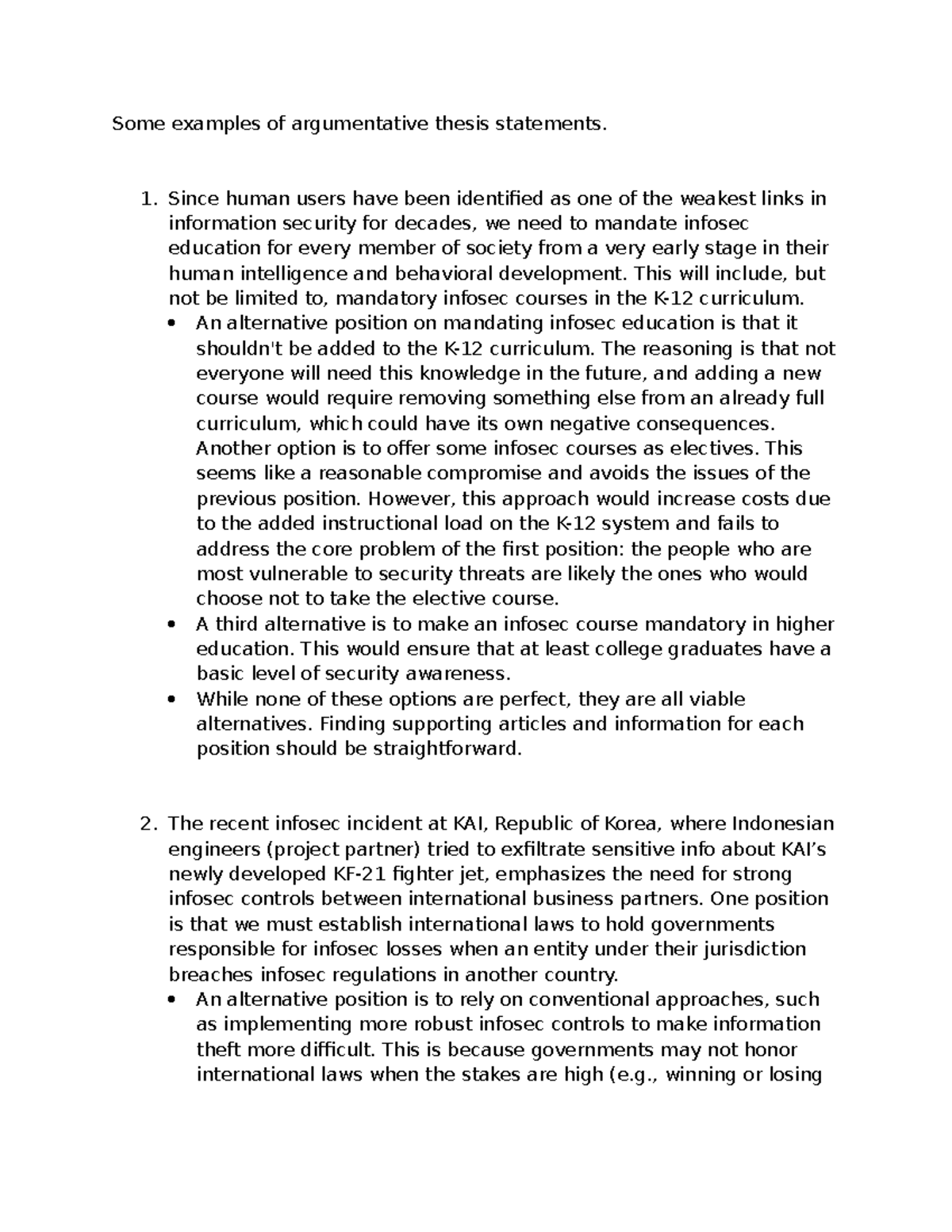 Argumentative Thesis Statements on InfoSec Education and Cloud ...