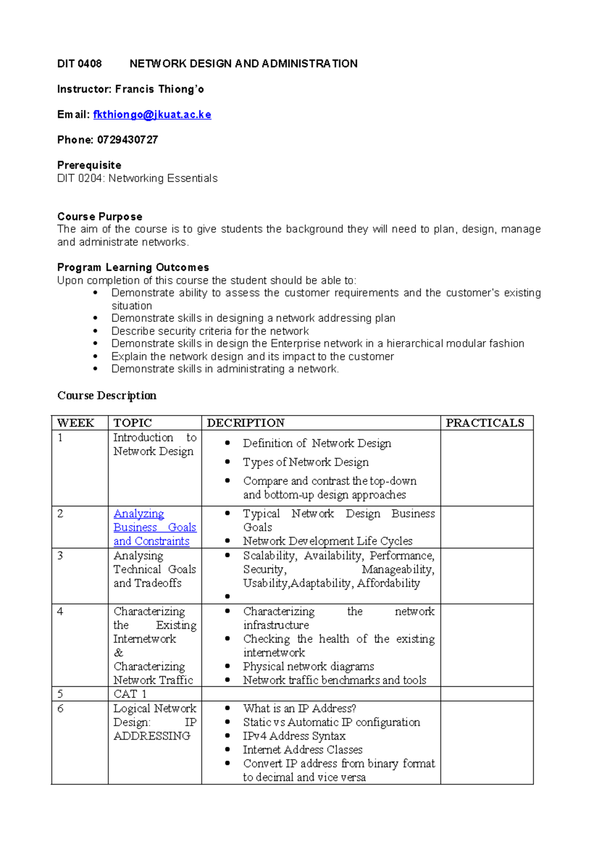 DIT 0408 Network Design & Administration Course Outline Overview - Studocu