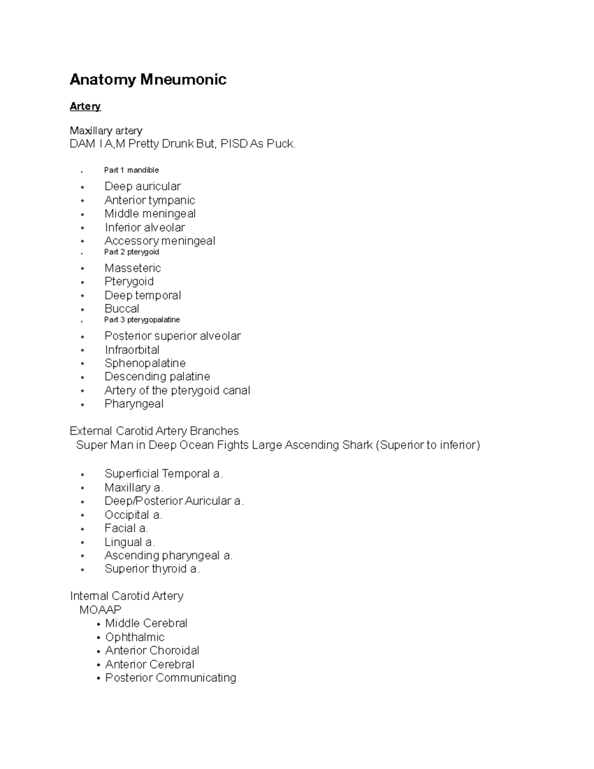 External Carotid Artery Branches Mnemonic Dirty