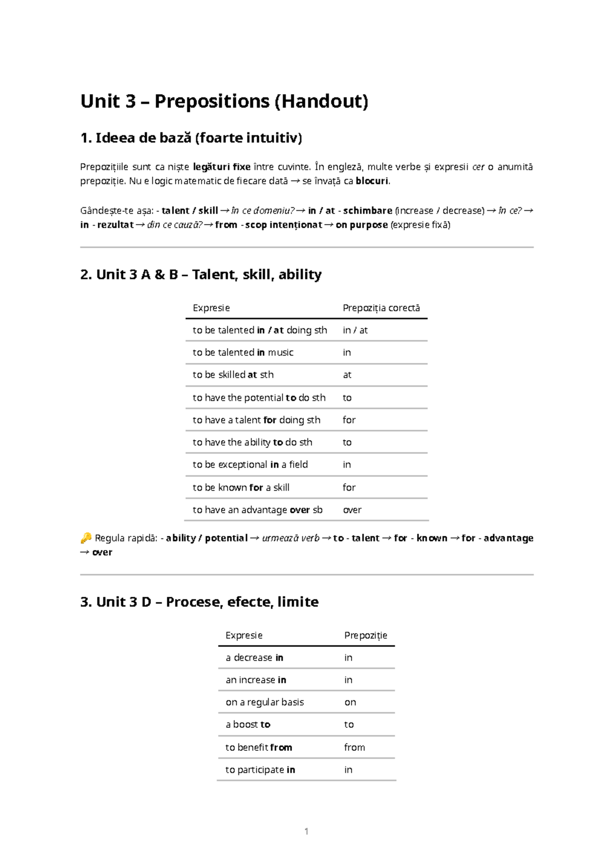 Unit 3 – Prepositions: Key Concepts and Examples Handout - Studocu