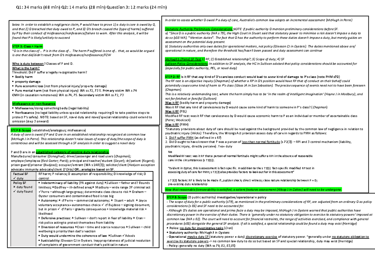 Duty of Care Analysis: Negligence Claims (LAW101) - Exam Notes - Studocu