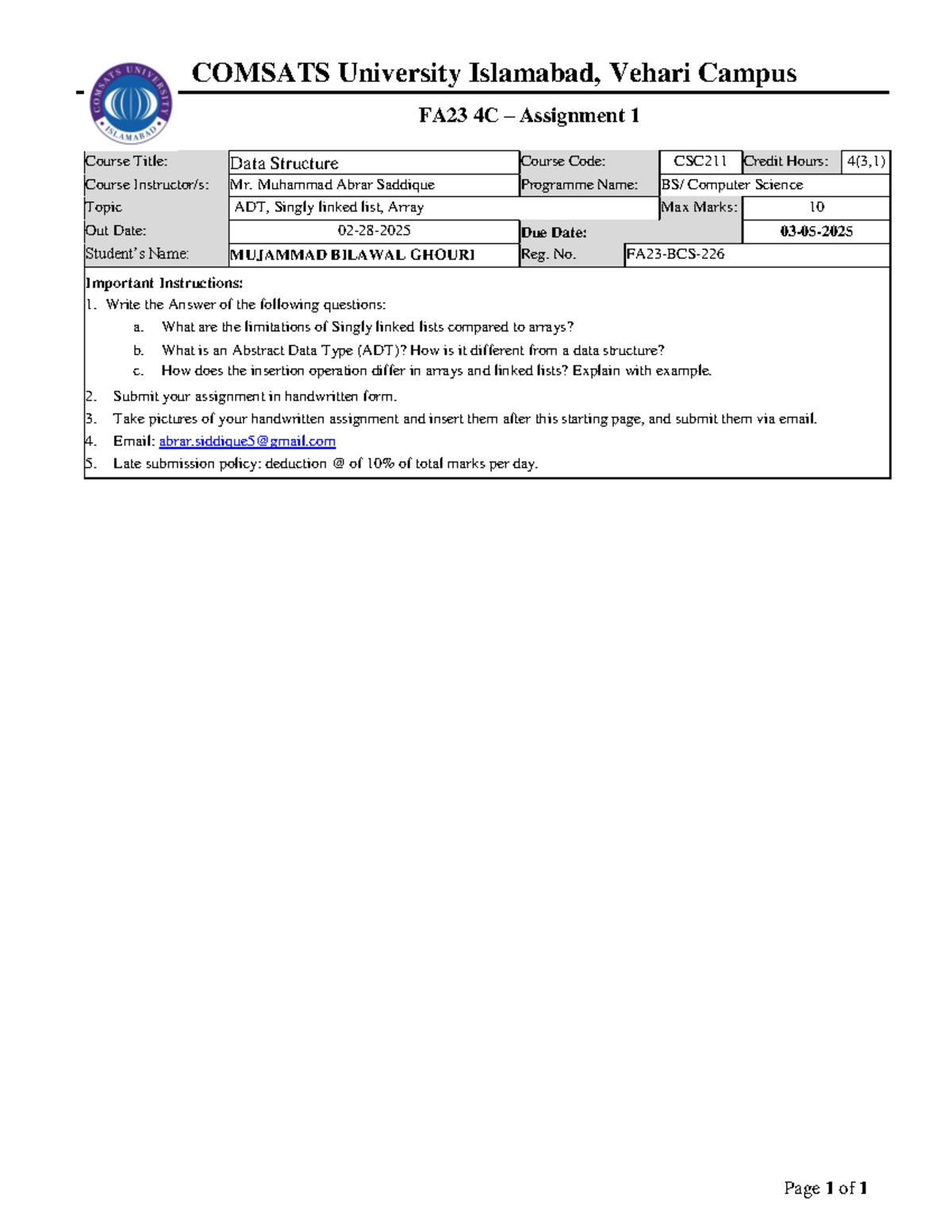 Assignment of data communication - Page 1 of 1 COMSATS University ...