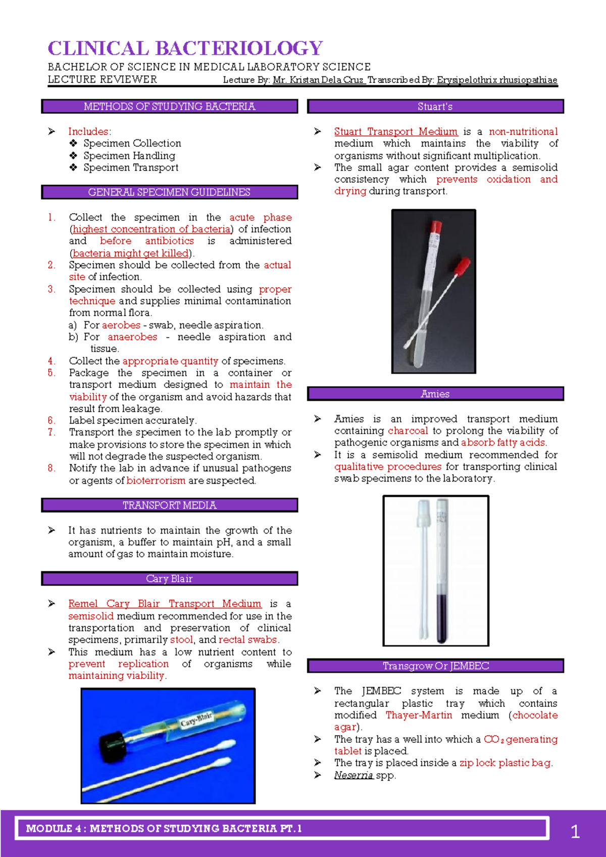 BACT-M4-1: Clinical Bacteriology Lecture Notes on Specimen Collection ...