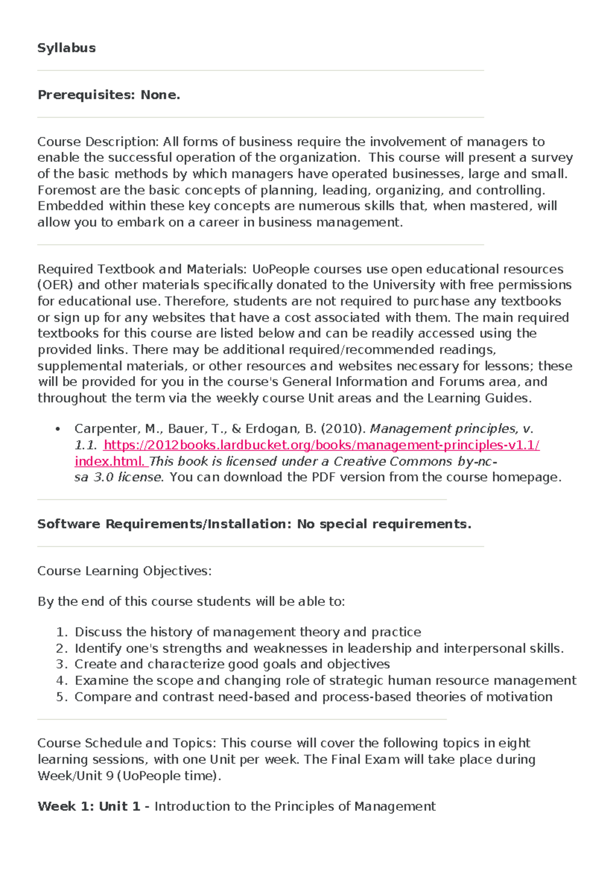 BUS 1101: Intro to Management - Course Syllabus and Overview - Studocu