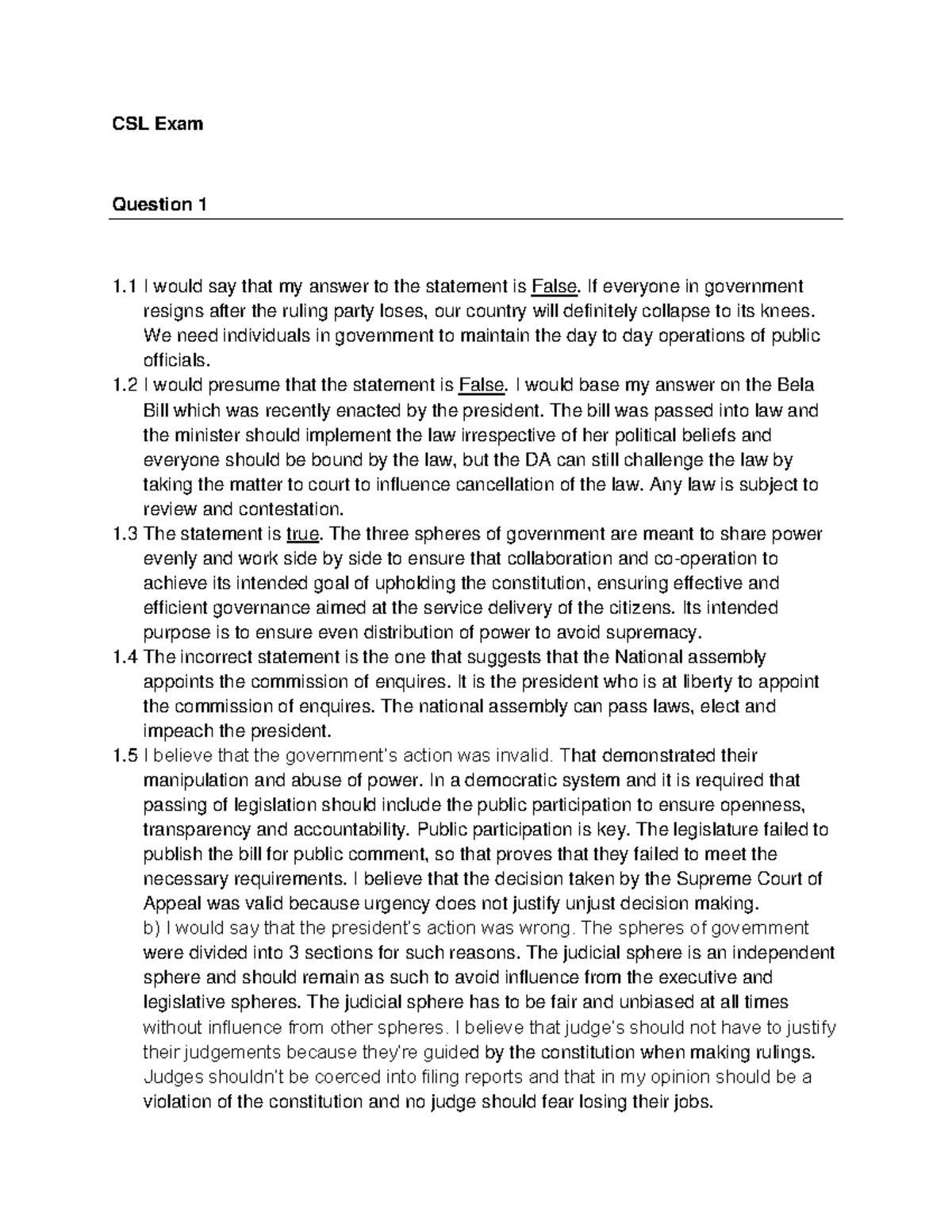 CSL Constitutional Law Exam: Key Questions and Answers Analysis - Studocu