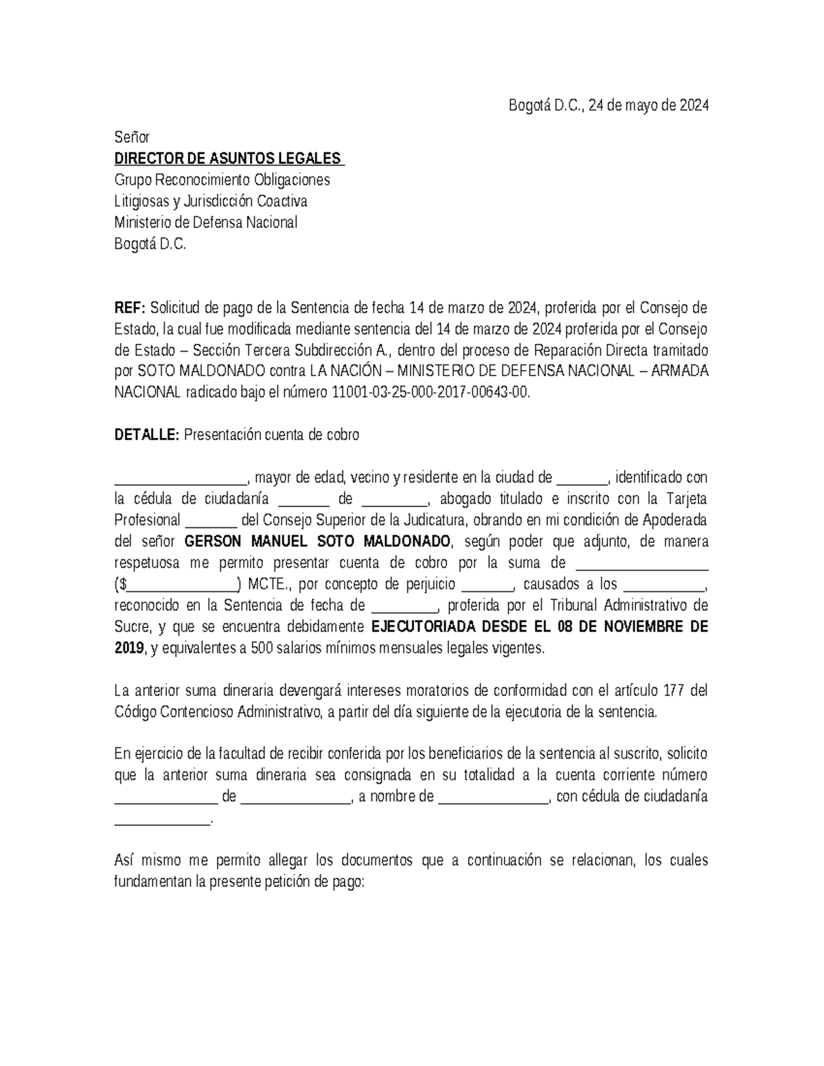 Solicitud de Pago Sentencia SOTO MALDONADO - Ministerio de Defensa - Document Preview