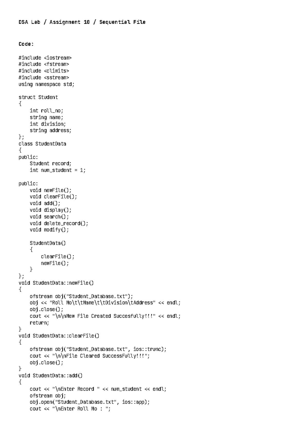 DSA Lab Assignment 10: Code for Student Database Management - Studocu