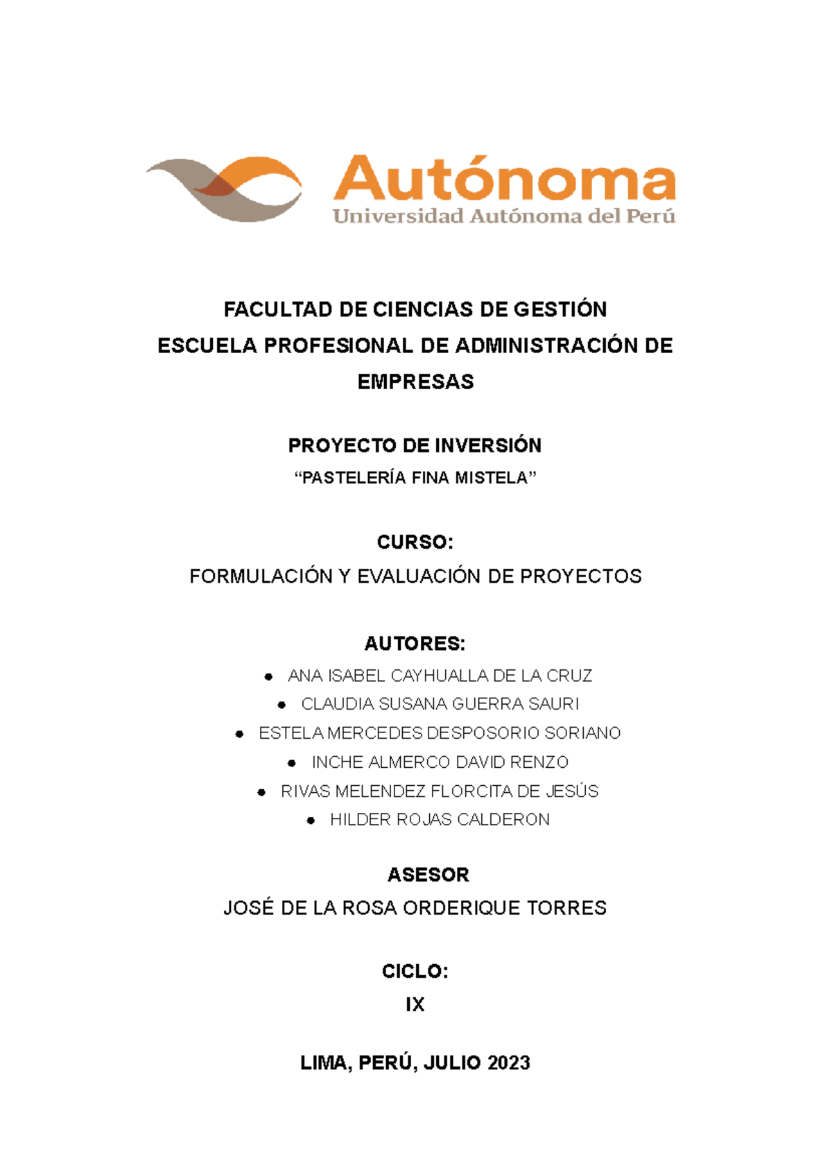 Pastelería Fina Mistela EIRL: Proyecto de Inversión y Evaluación - Document Preview