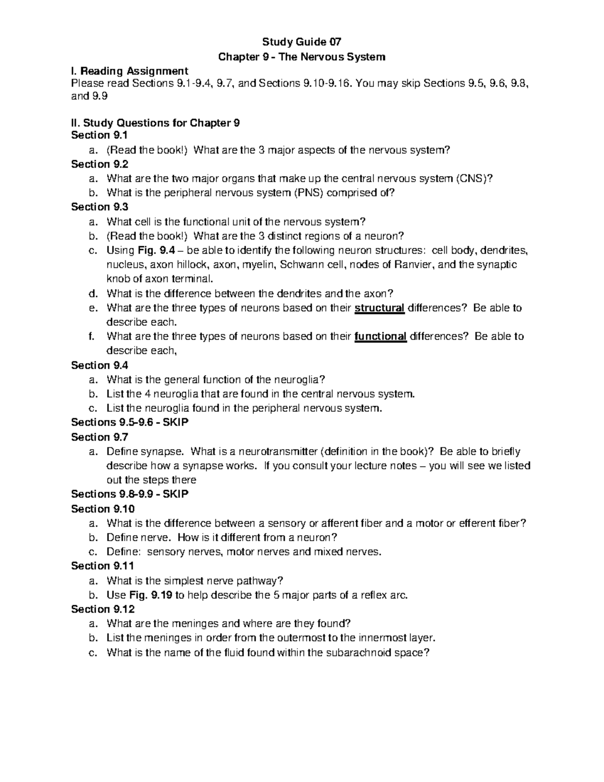 Study Guide 07: Chapter 9 - The Nervous System Exam Review - Studocu