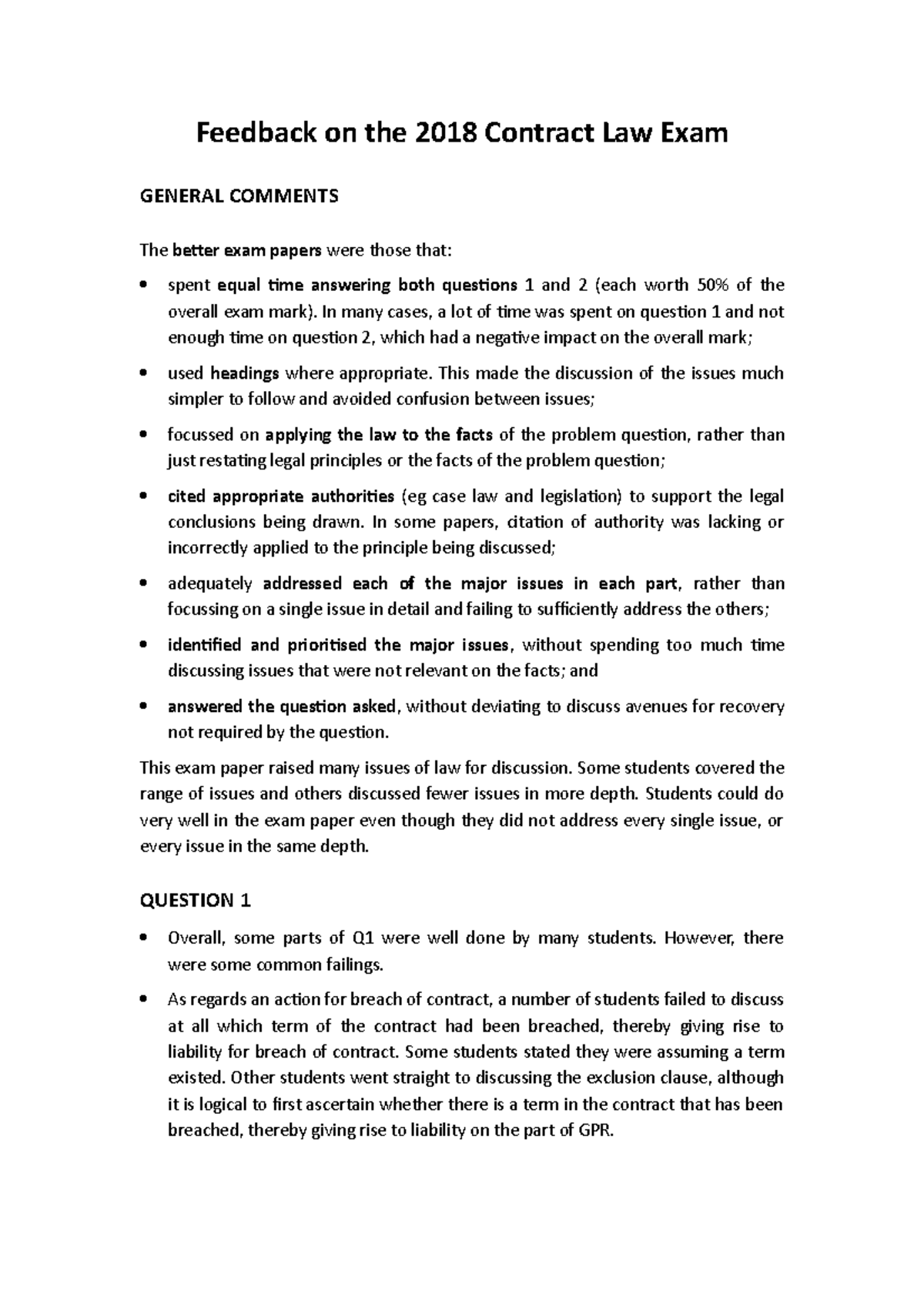 Contract Law 2018 Final Exam Feedback and Key Insights - Studocu