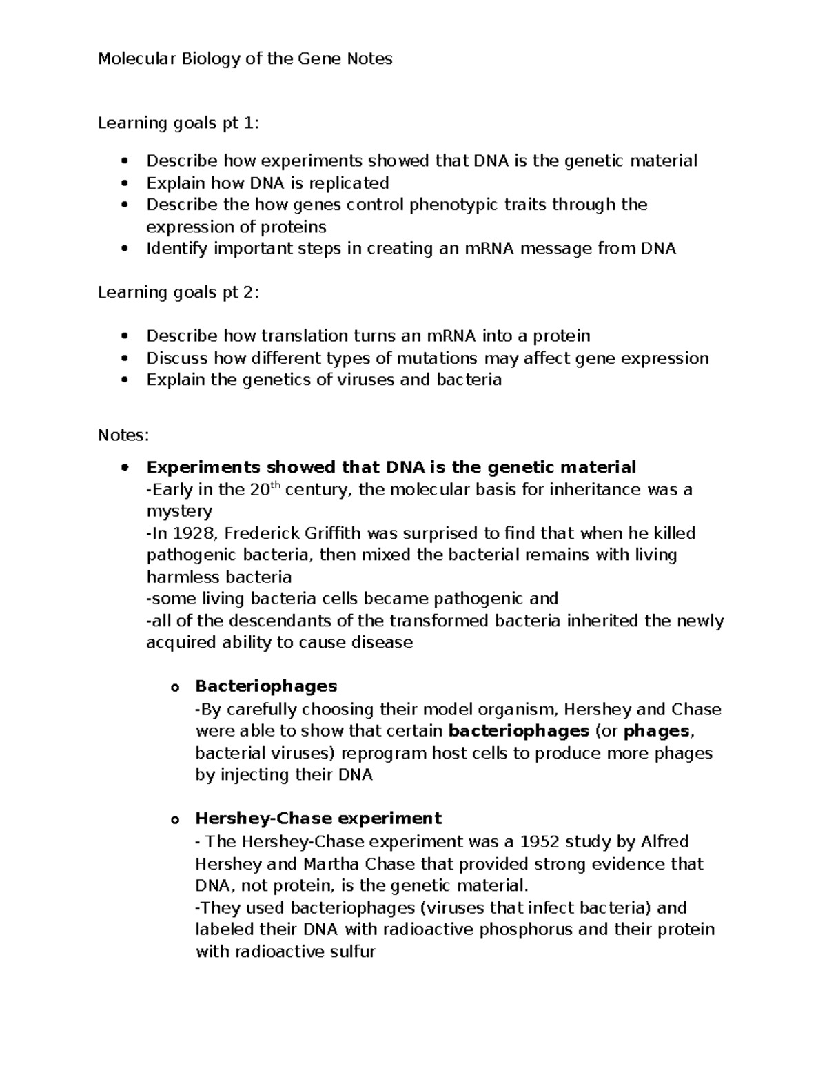 Molecular Biology of the Gene Lecture Notes (GEN101) - Studocu