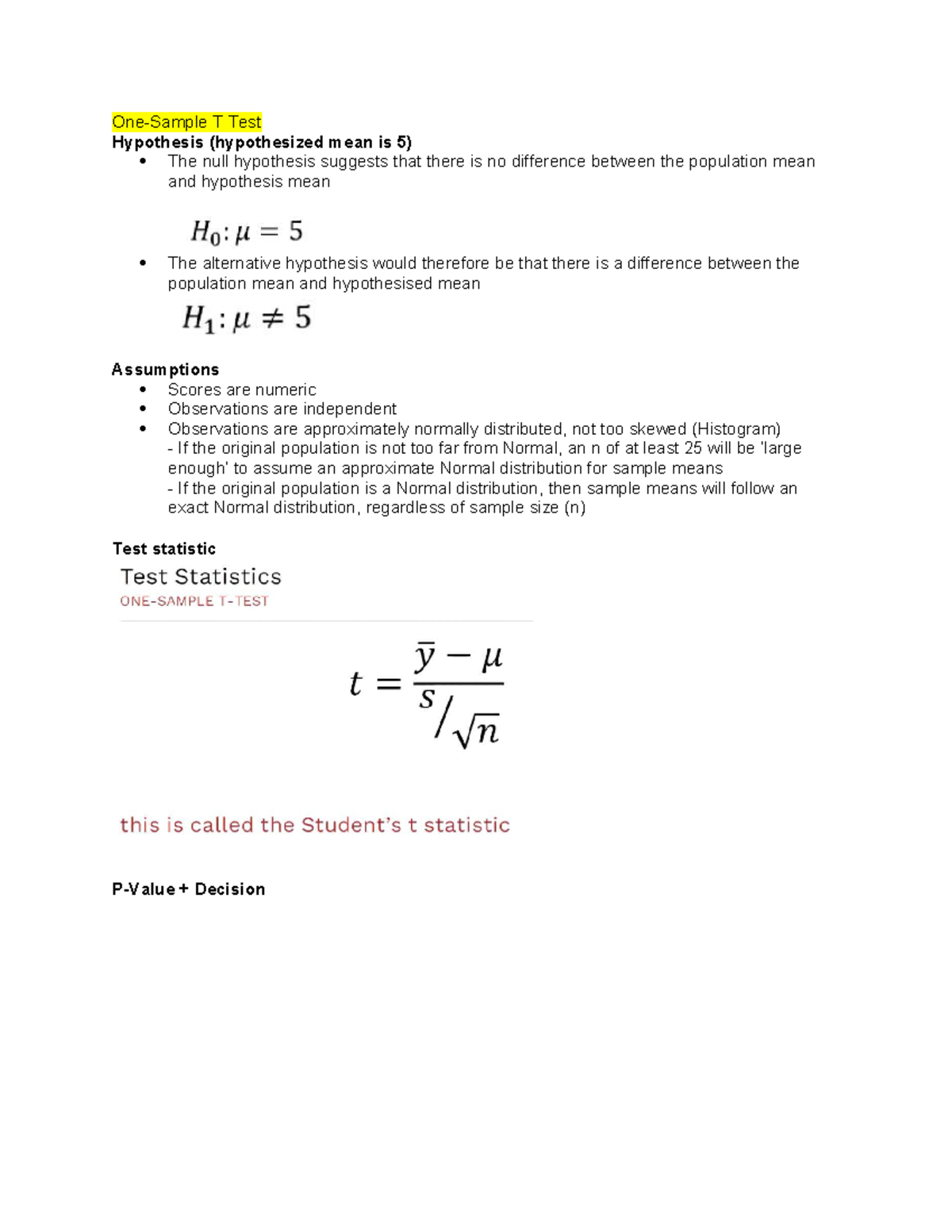 T Test Hypothesis Analysis and Assumptions Overview - Studocu
