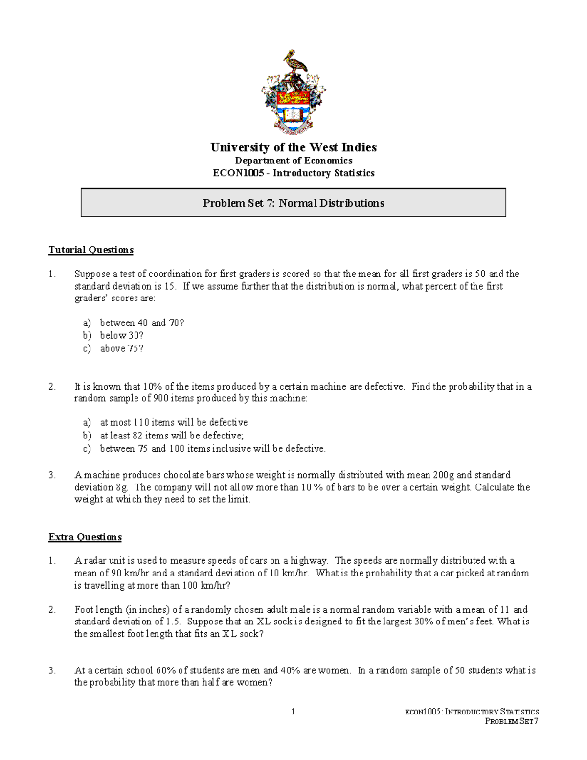Problem Set 7: Normal Distributions - ECON1005 Introductory Stats - Studocu