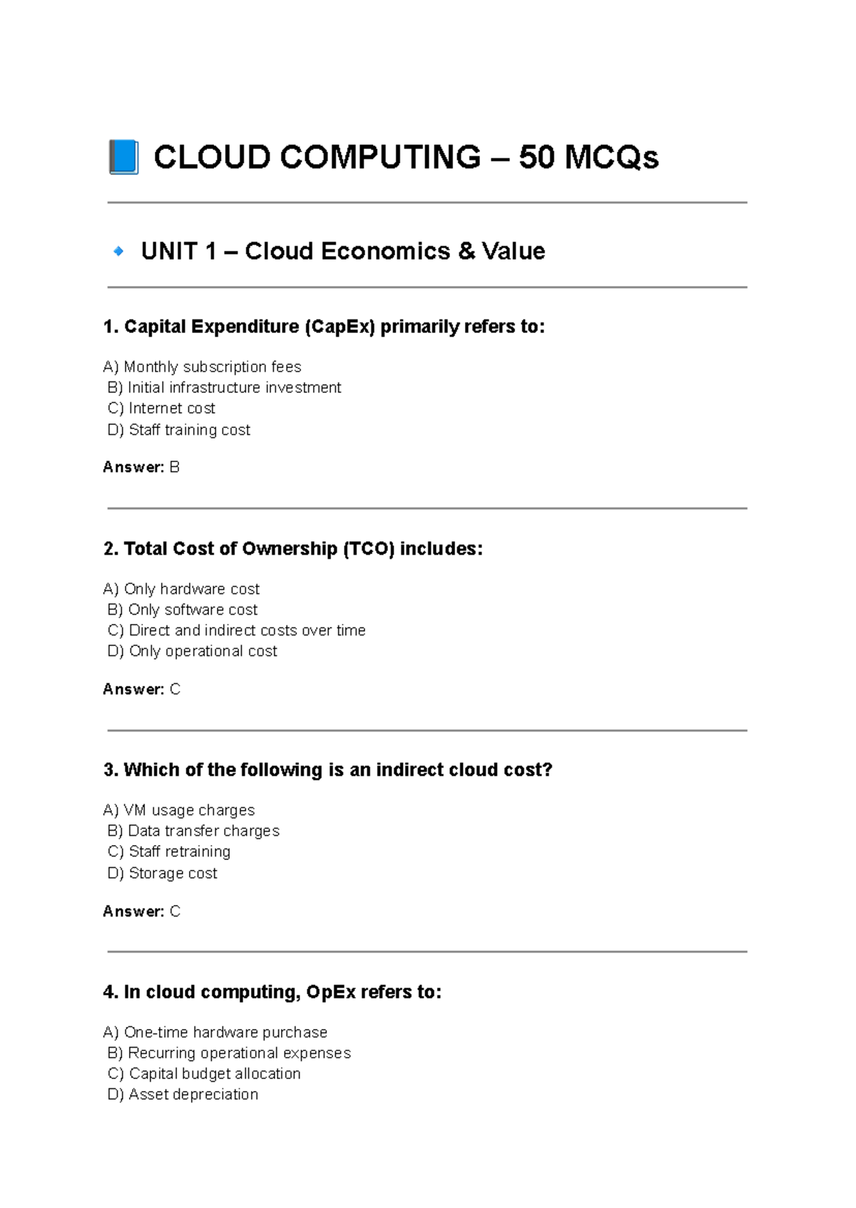 CLOUD COMPUTING 50 MCQs UNIT 1 & 2: Economics & Architecture - Studocu