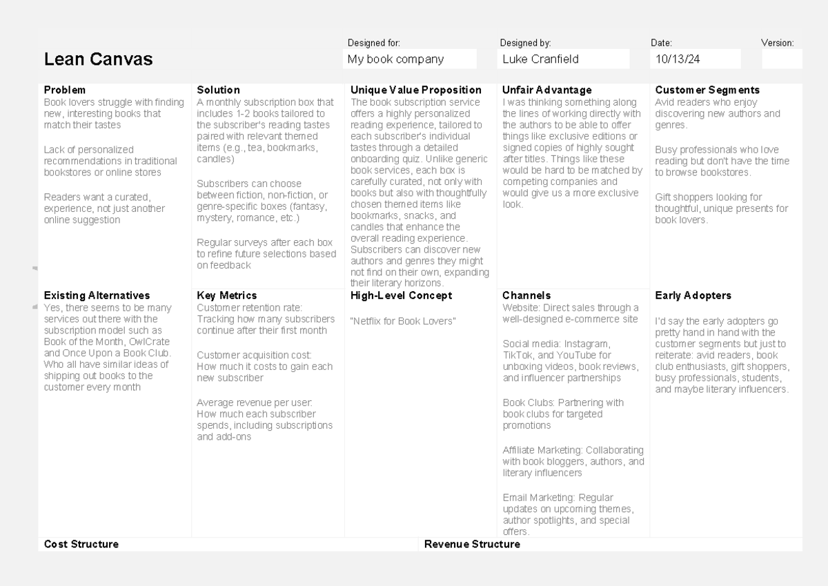 Lean Canvas: Personalized Book Subscription Service Proposal - Studocu