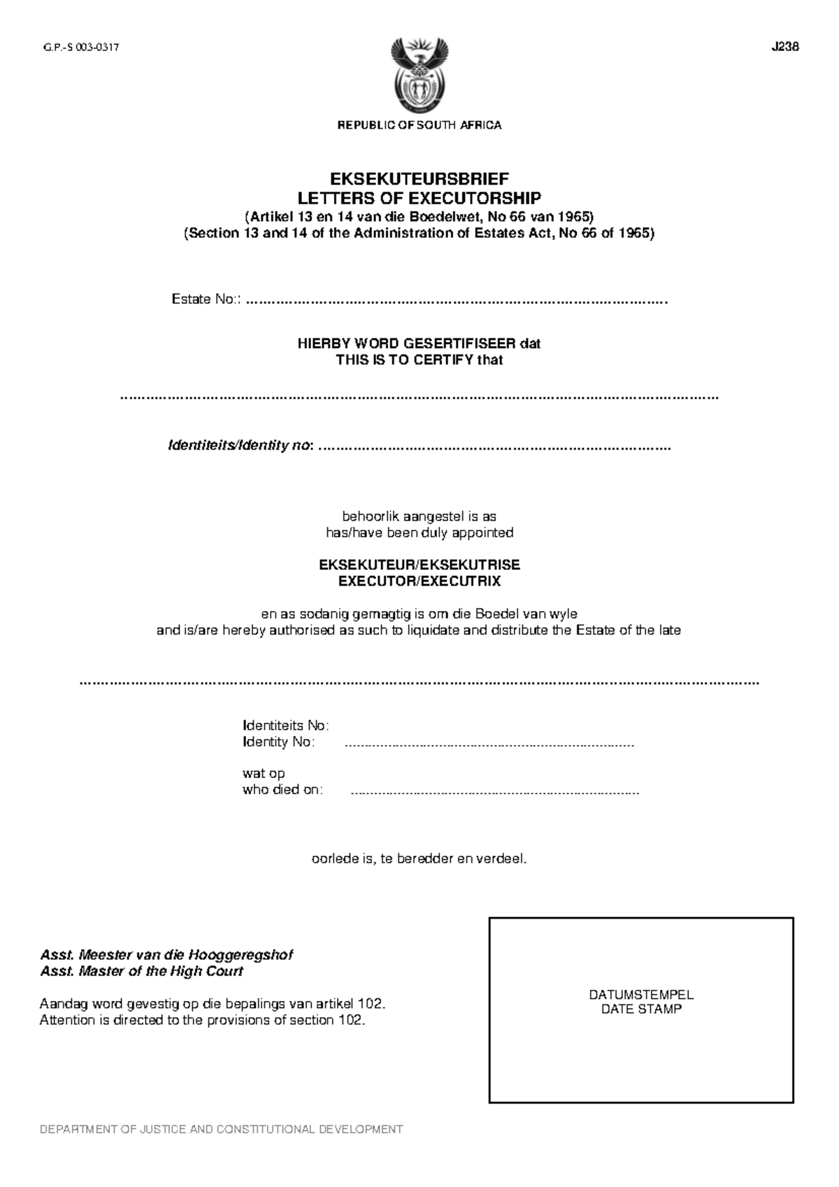 J238 Letter of Executors: Certification of Estate Administration - Studocu