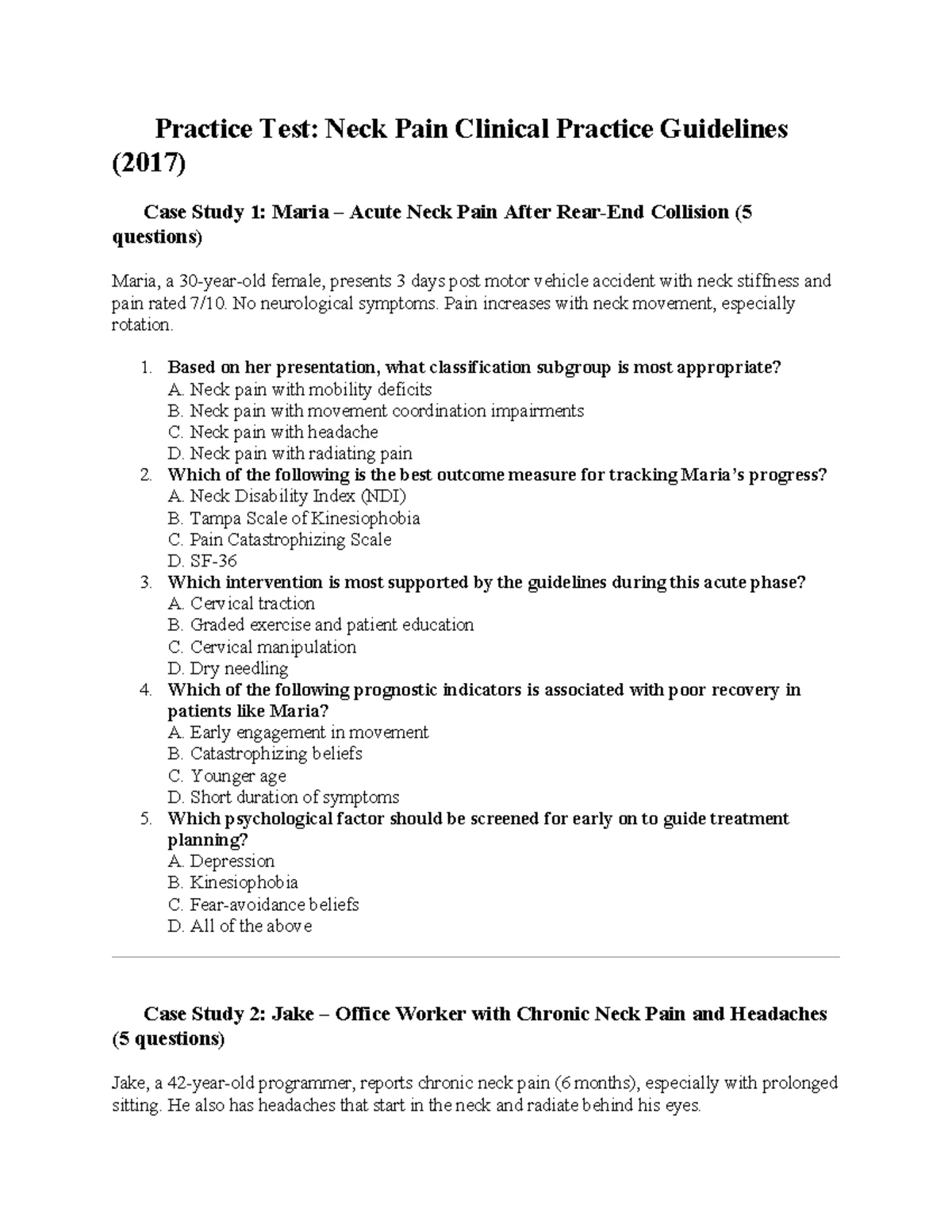 MSK III - Exam 2 Practice: Neck Pain, Stenosis, and Treatment ...