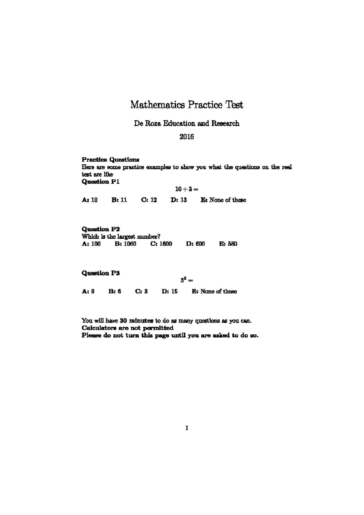 De Roza Education Math Practice Test 2016 Questions - Studocu