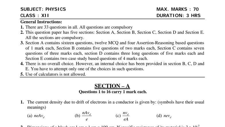 Physics Class XII Sample Paper Test 01 for Board Exam 2025 - Studocu