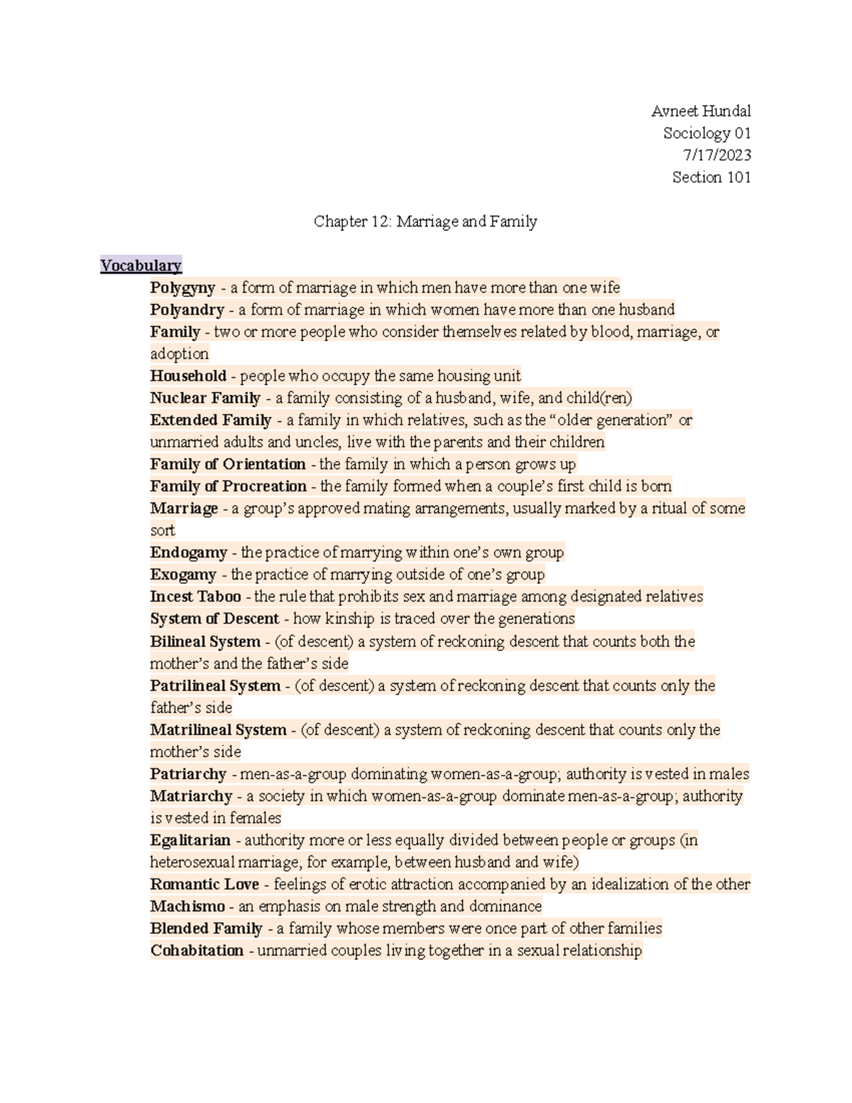 Sociology-010-101 Chapter 12: Marriage and Family Overview - Studocu