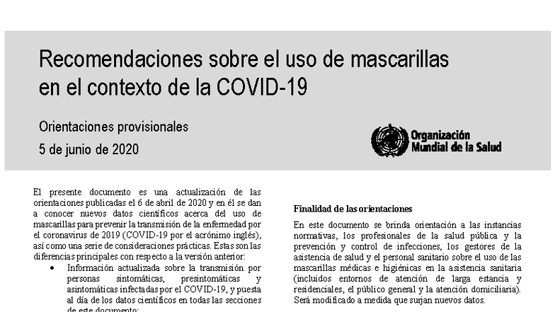 Recomendaciones sobre el uso de mascarillas en el contexto de la COVID ...