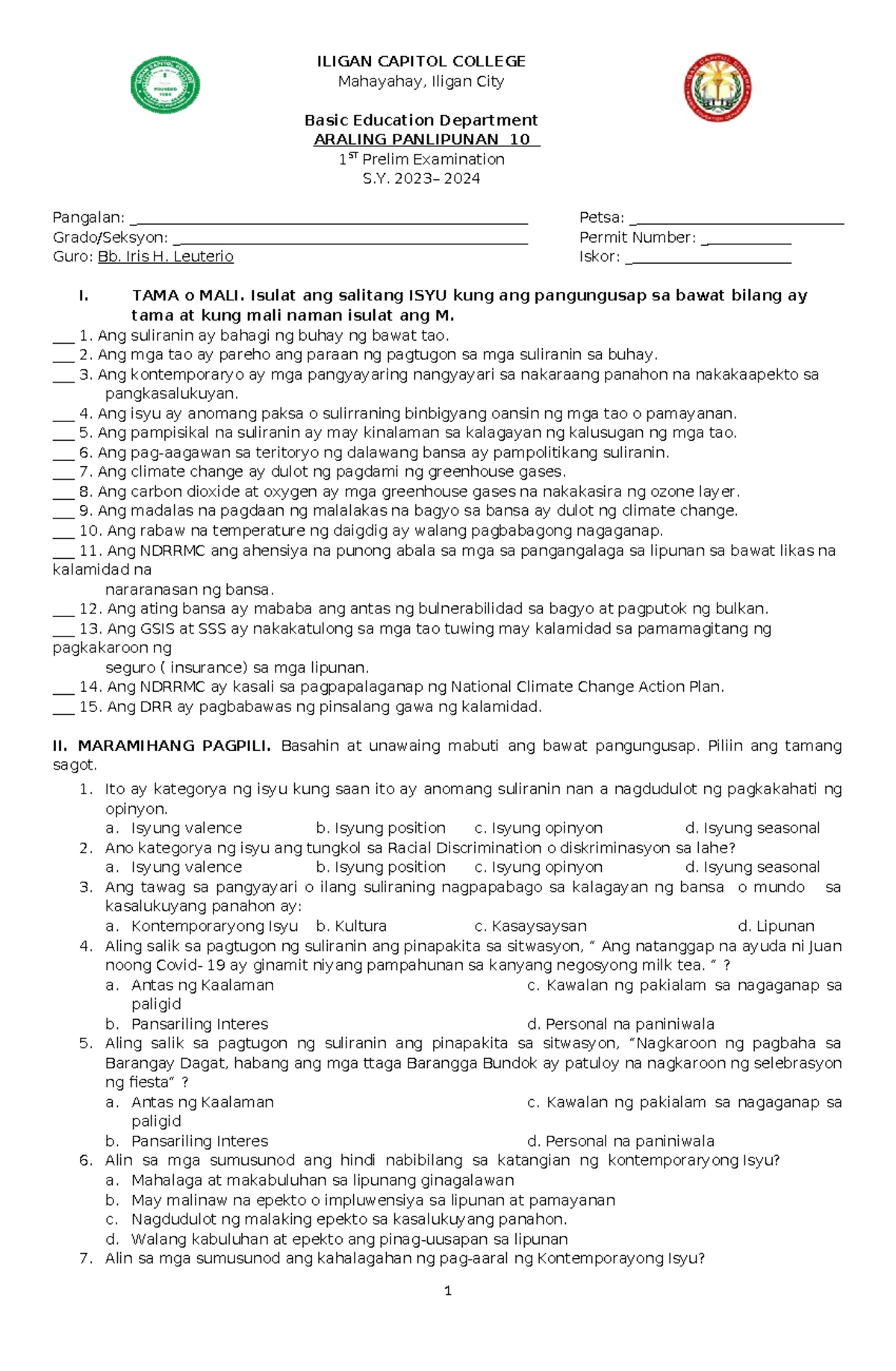 AP 10 1st Q Long Quiz Key - Modified True or False Assessment - Studocu