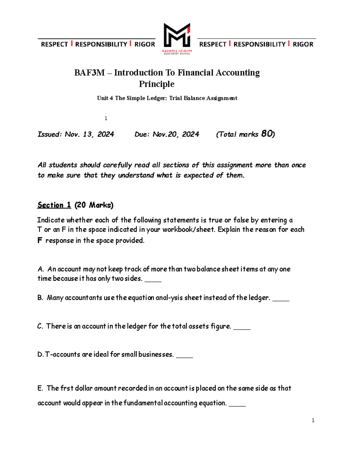 BAF3M - Unit 4 Trial Balance Assignment Guide Nov. 2024 - Studocu
