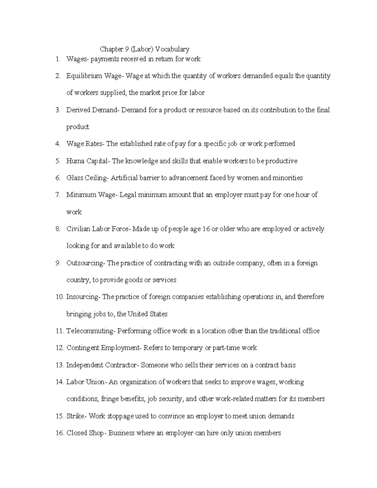 Chapter 9 (Labor) Key Vocabulary Terms & Definitions - Studocu