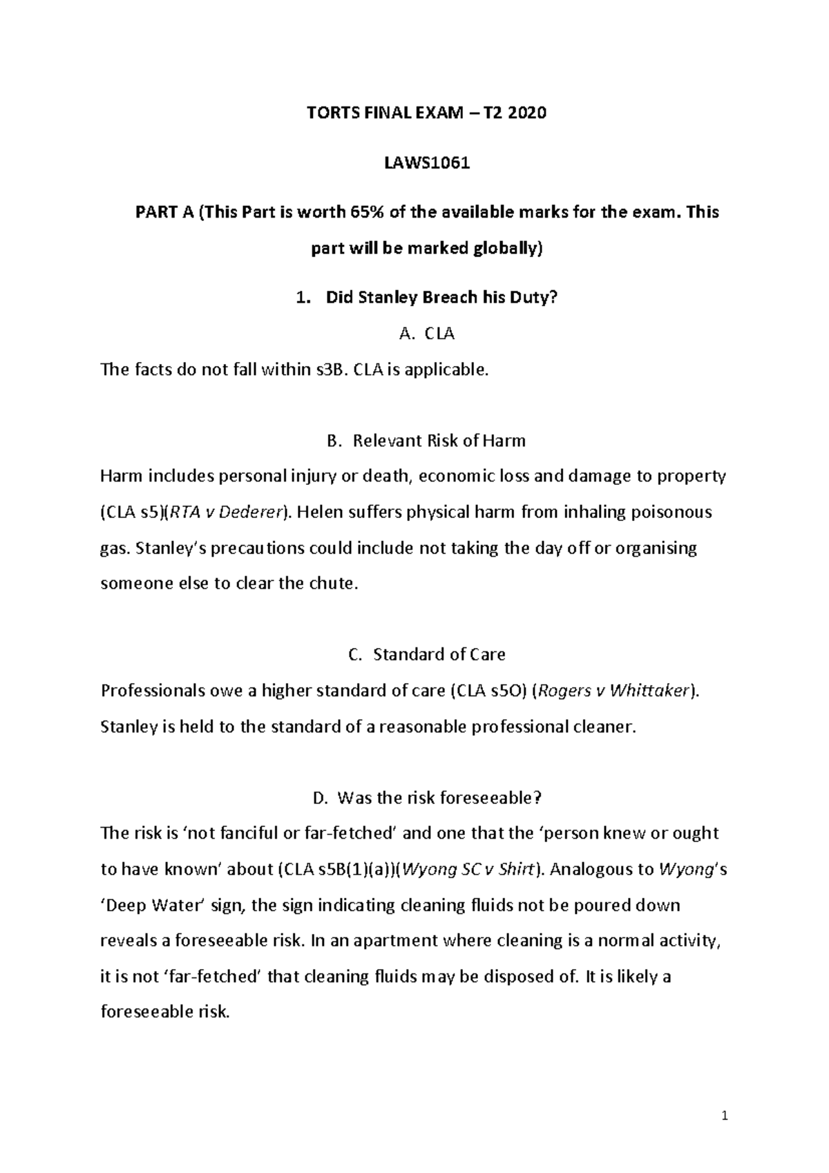 TORTS FINAL EXAM T2 2020 LAWS1061 PART A: Comprehensive Analysis - Studocu