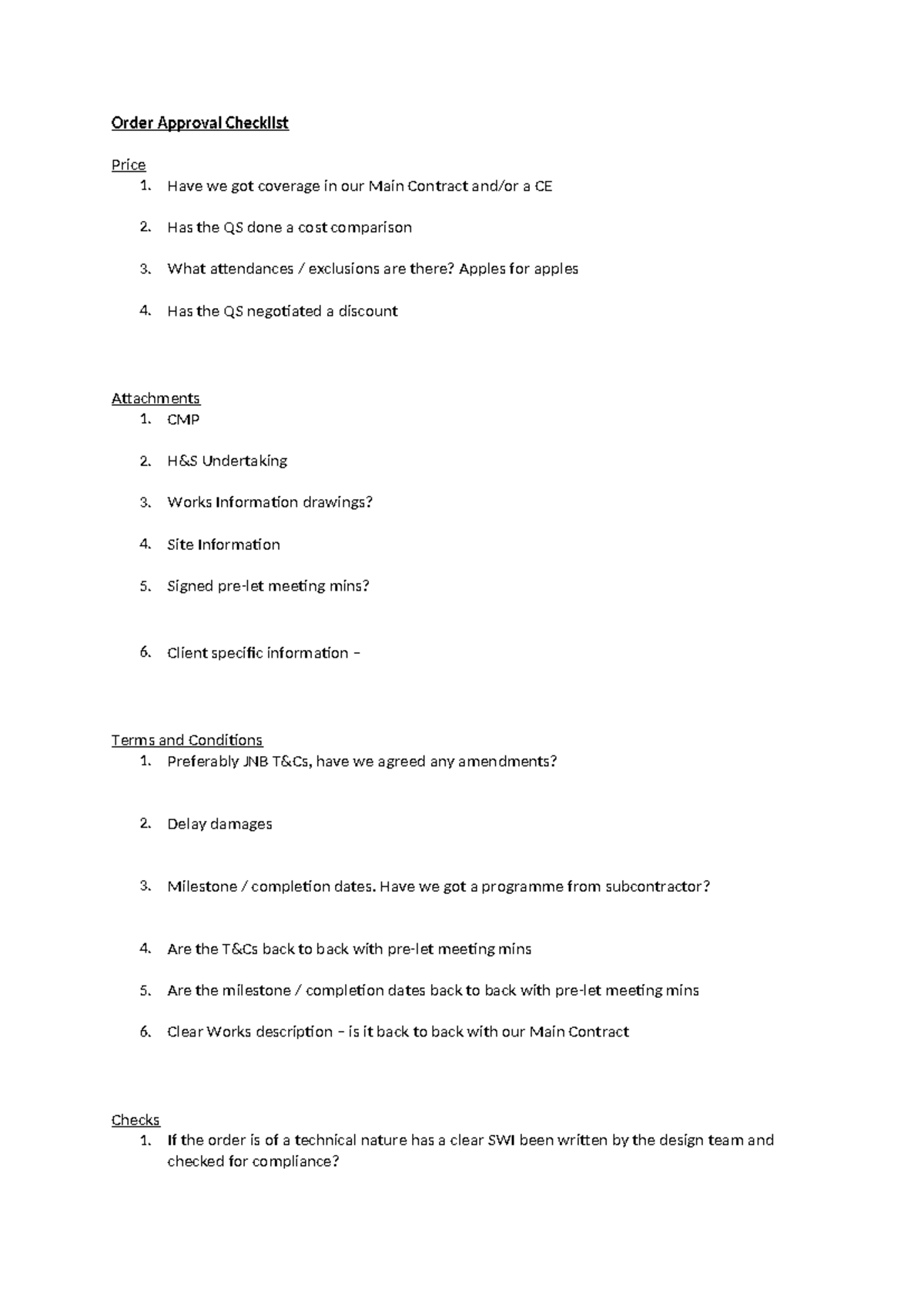 Order Approval Checklist - Order Approval Checklist Price 1. Have we ...