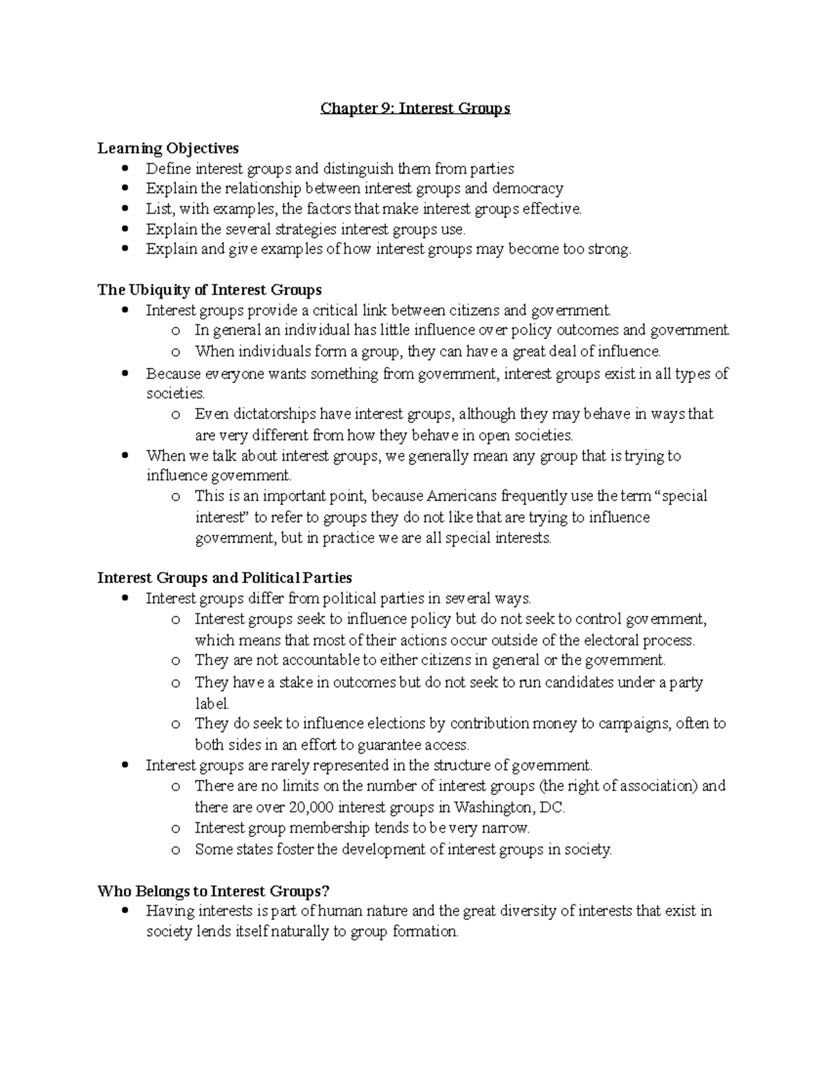 Chapter 9 Notes: Understanding Interest Groups and Their Impact - Studocu