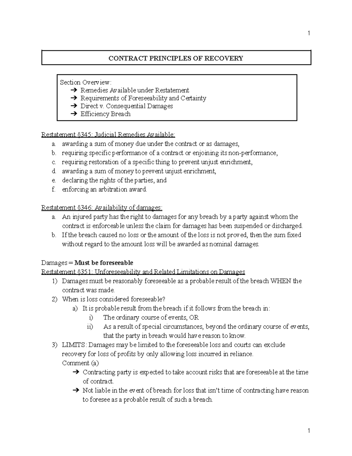 Contracts II Outline: Key Principles of Recovery and Remedies - Studocu