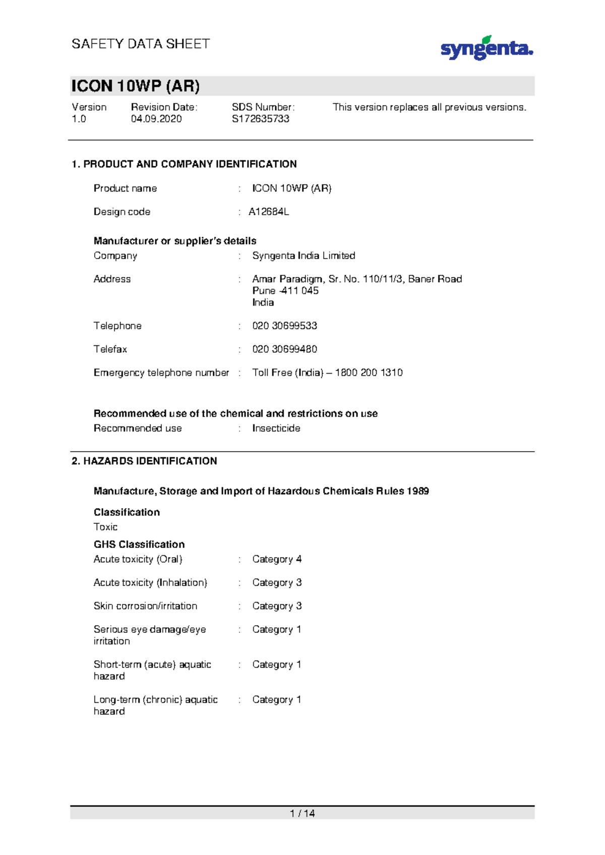 Safety Data Sheet (SDS) for ICON 10WP (AR) - Revision 04 - Studocu