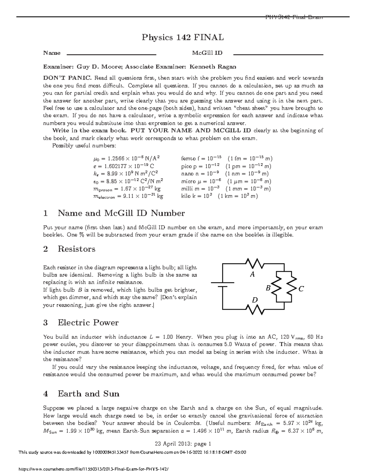 PHYS 142 2013 Final - exam - PHYS142 Final Exam Physics 142 FINAL Name ...
