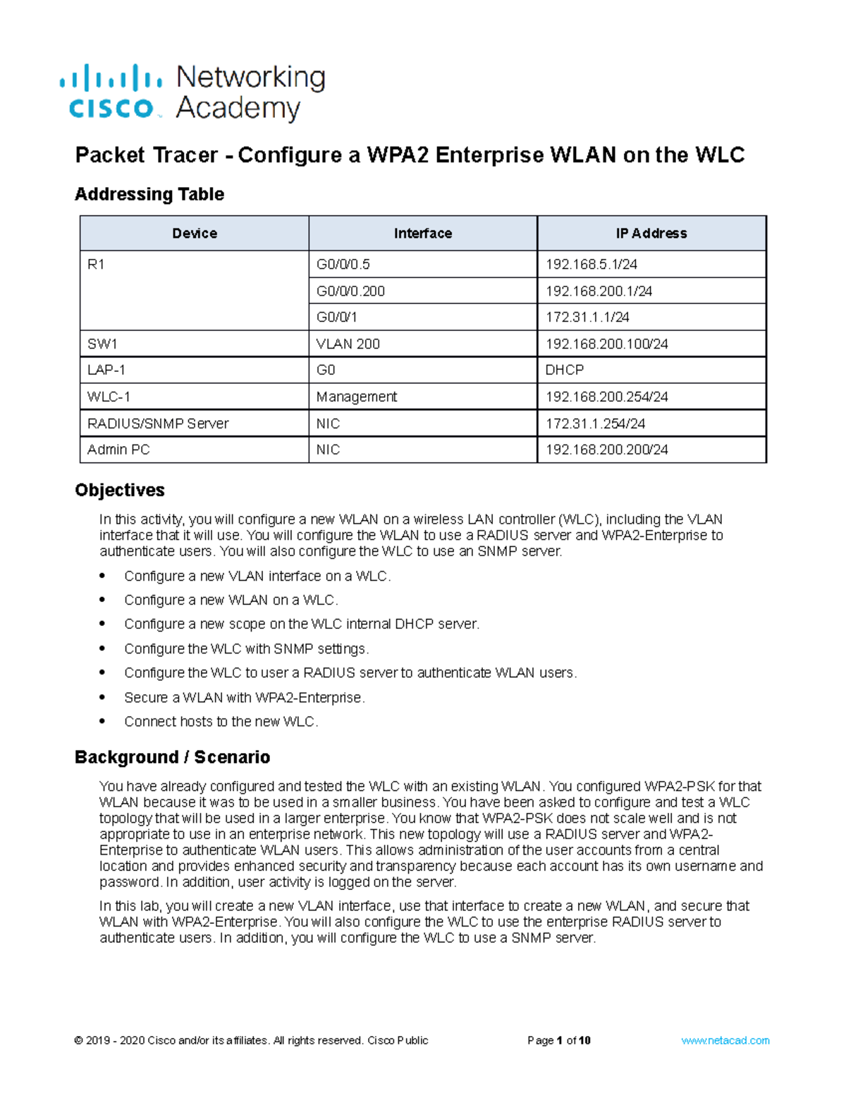 20.2.2 Packet Tracer - Configuring WPA2 Enterprise WLAN on WLC - Studocu