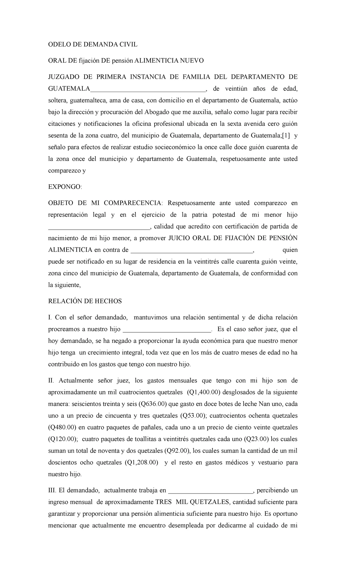 Demanda juicio ordinario civil - ORDINARIO NUEVO SEÑOR JUEZ DE PRIMERA