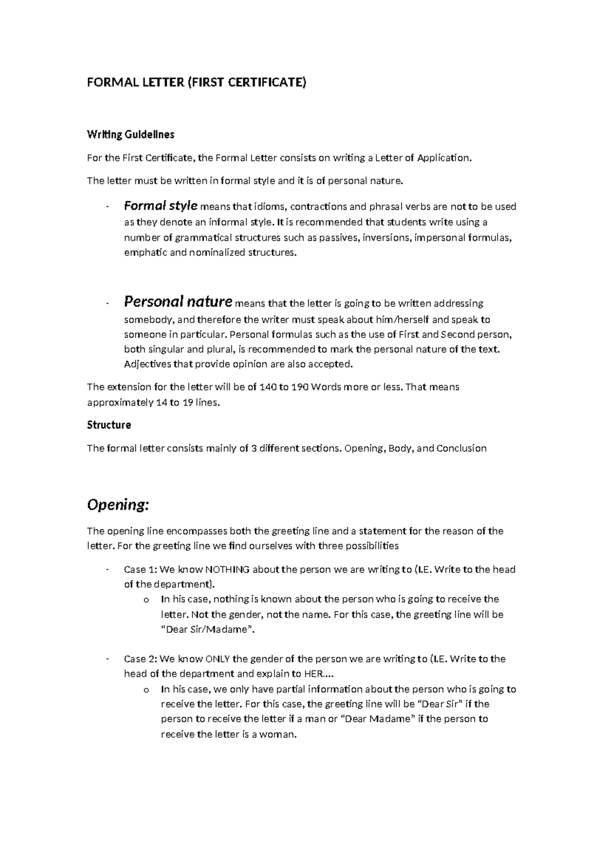 Formal Letter B2 - Writing Guidelines for First Certificate - Studocu