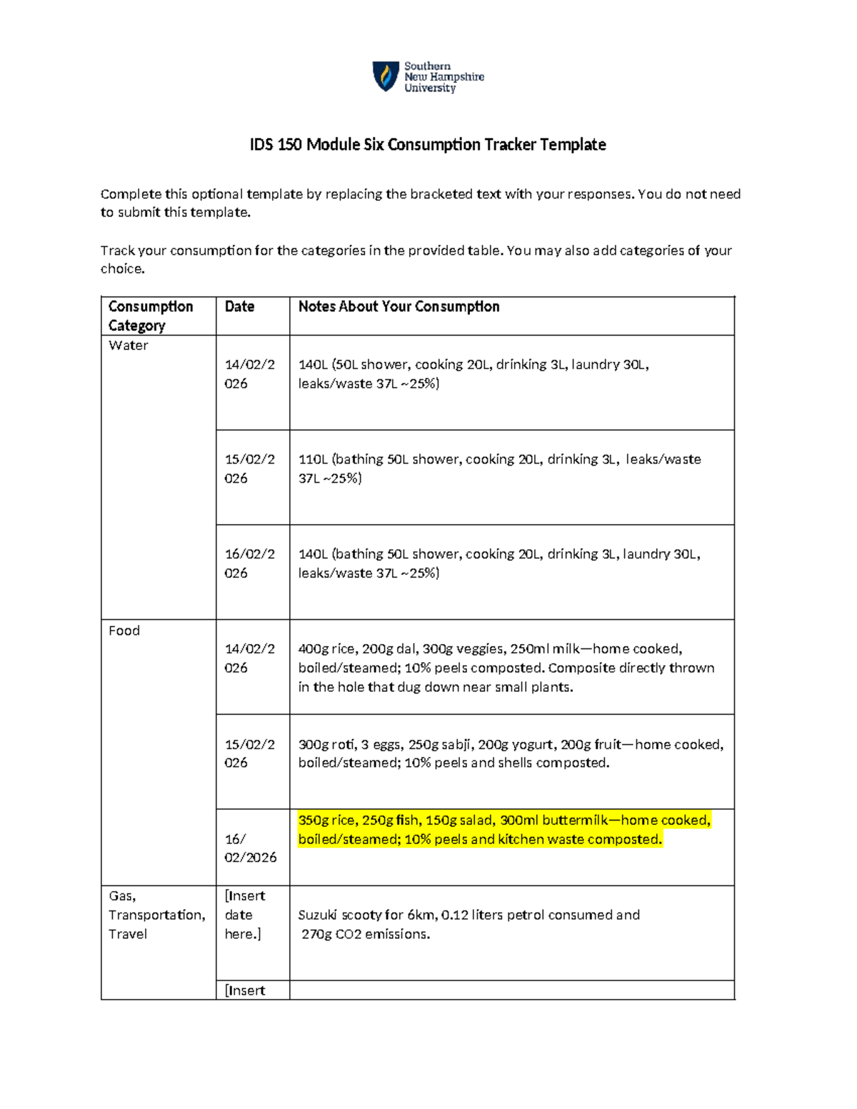 IDS 150 Module Six: Complete Consumption Tracker Template - Studocu