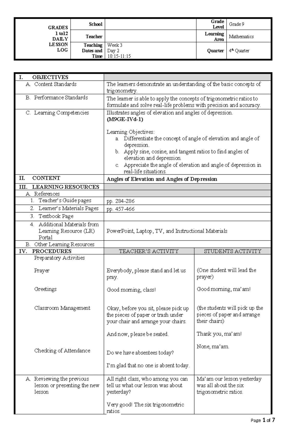 Last Lesson Plan: Grade 7 Math - Geometry of Circles (4th Quarter ...