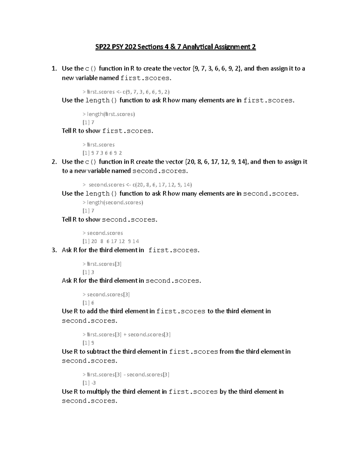 SP22 PSY 202 Analytical Assignment 2: R Vectors and Operations Guide ...