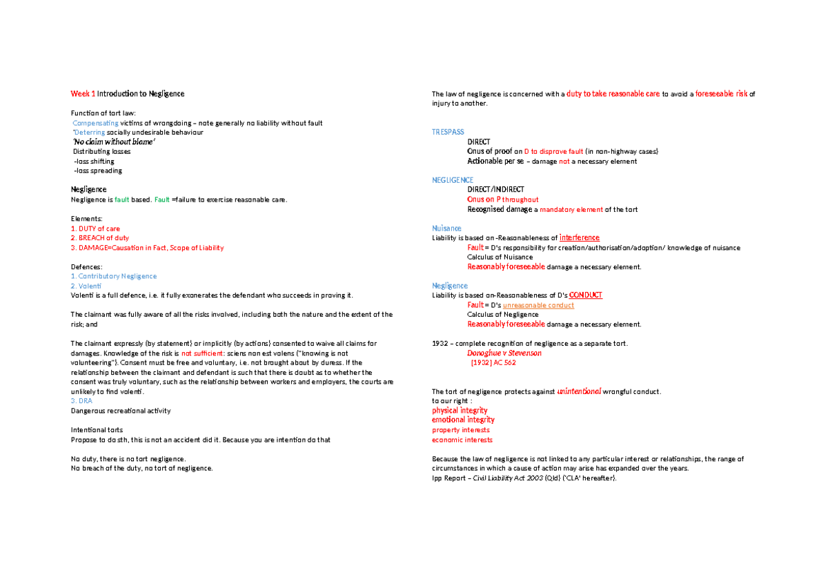 Tort Law Lecture Notes - Week 1: Introduction to Negligence - Studocu