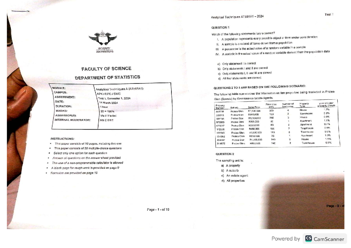 Test 1 Questions and Answers for Analytical Techniques A (ATE01A1) 2024 ...